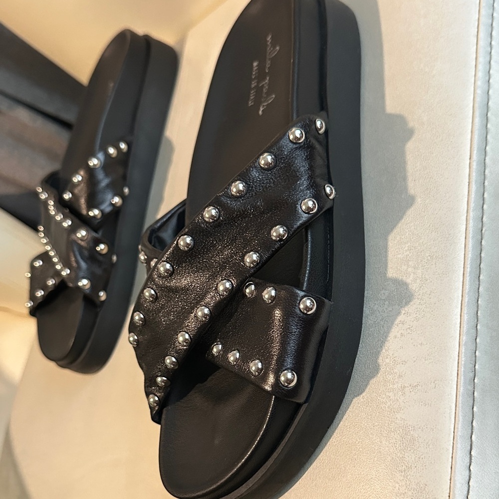 Mia Pasolini Black Leather Studded Crossover Slide Sandals